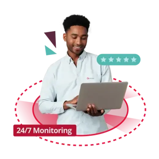 Icon representing an IT support specialist using a laptop with 24/7 monitoring indicators