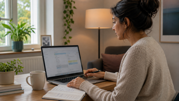 lady at desk working on laptop with cup of tea