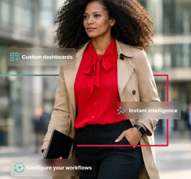 Professional individual walking in a business district with graphic callouts highlighting custom dashboards and instant intelligence for legal software