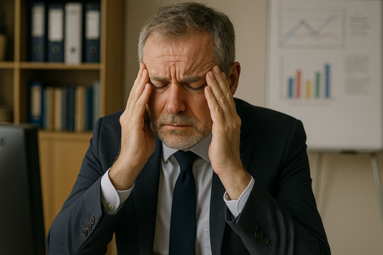 A middle-aged male head teacher in a suit sits at his desk with his hands on his temples, eyes closed in stress, in a school office with a whiteboard and shelves in the background.