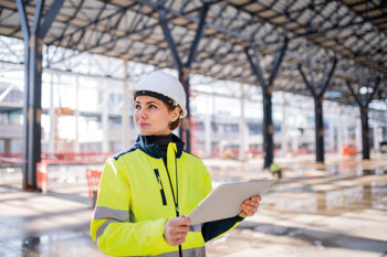 lady on construction site with tablet