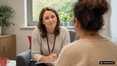 A mental health worker in session with a client. Created via AI for patient privacy.