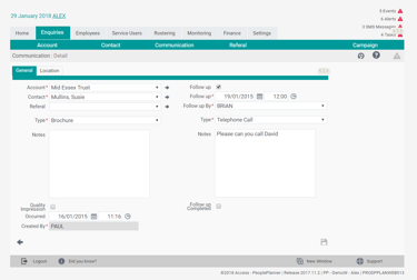 A screenshot of Access client enquiry system