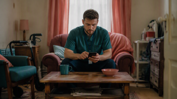 Care worker sitting on a couch in a care home, doing his elearning on his phone.