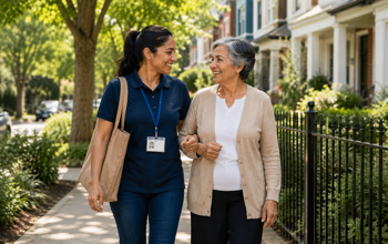 Social worker and elderly women walking arm and arm down the street