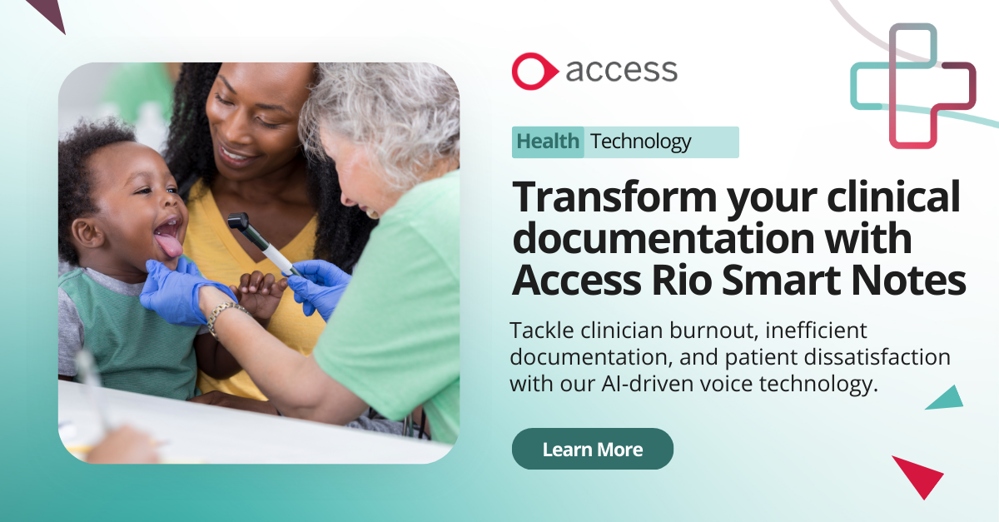 An advertising banner for our Access Rio Smart Notes solution: ambient voice technology that listens to conversations between clinicians and patients, and summarises them in notes that can easily be added to patient records.