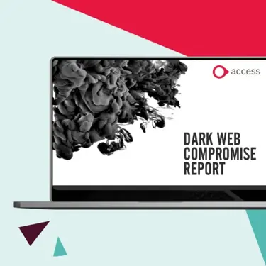 Laptop displaying a Dark Web Compromise Report with black inky smoke graphics and The Access Group logo