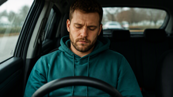 male care worker sitting in his car, showing signs of burnout 