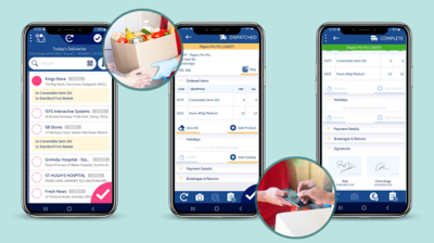 Roundsman Food Service Distribution software on 3 mobile phone devices