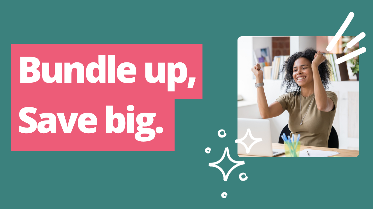 Bundle up, Save big text with woman cheering