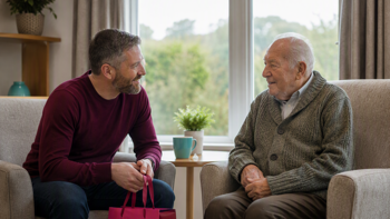 A middle-aged man is visiting his dad in a care home. He is holding a gift bag in his hand.
