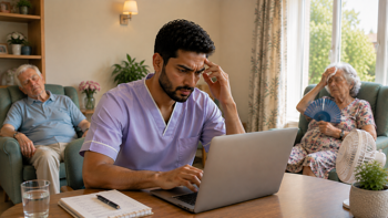 Stressed Caregiver in a Warm Care Home