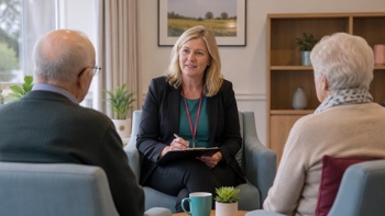 A care inspector having a conversation with the residents of a care home during an inspection.
