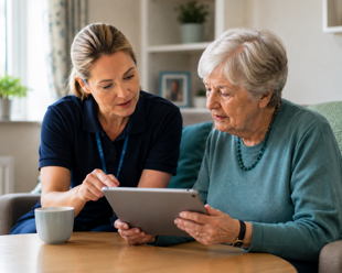 community nurse helping elderly women with ipad