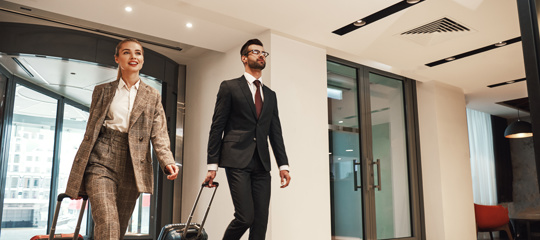 Two Business Travelers Entering A Hotel