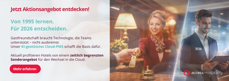 Von 1995 lernen. Für 2026 entscheiden. Gastfreundschaft braucht Technologie, die Teams unterstützt – nicht ausbremst.  Unser KI-gestütztes Cloud-PMS schafft die Basis dafür. Aktuell profitieren Hotels von einem zeitlich begrenzten Sonderangebot für den Wechsel in die Cloud.  Jetzt Aktionsangebot entdecken