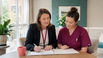 The manager of a care home and a care worker reviewing documents in preparation for an inspection.