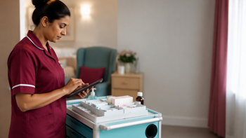 care worker managing medication rounds in a care home