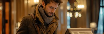 Young man using check-in kiosk