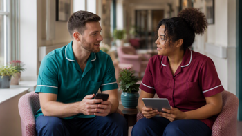 A male and female care worker sitting together and talking about digitisation. They are each holding mobile devices.