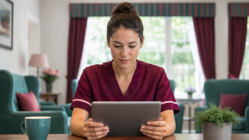 A care worker doing her care elearning courses on her tablet.