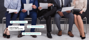 How to improve the impact of job adverts with benefits graphic showing the benefits and people waiting for interviews