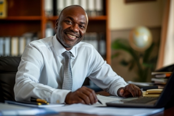 A man at his desk smiling at the camera.