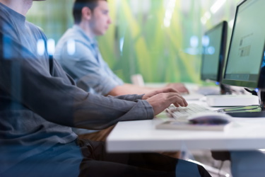 legal professionals typing at desktop computers, focused on screens, representing completion of mandatory legal training, compliance modules, and online assessments in a workplace environment