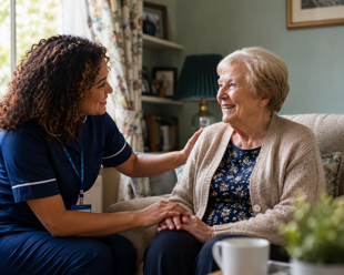 carer and elderly woman chatting in living room