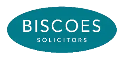 Biscoes Solicitors logo with white text inside a teal oval