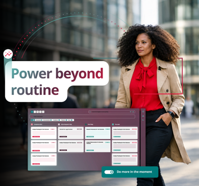 Access Legal software dashboard with legal workflows overlay and city professional imagery inspiring productivity and efficiency