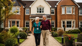 an elderly woman and man taking a stroll around a care home