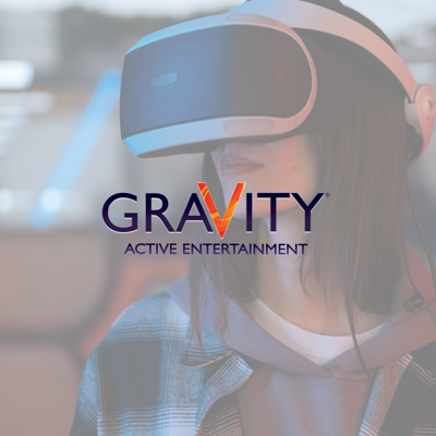 Person wearing a VR headset with ‘Gravity Active Entertainment’ logo overlaid