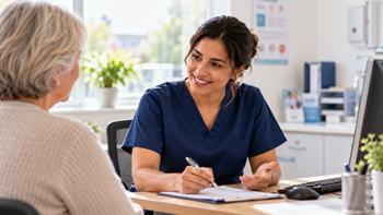 GP nurse talking to an elderly woman