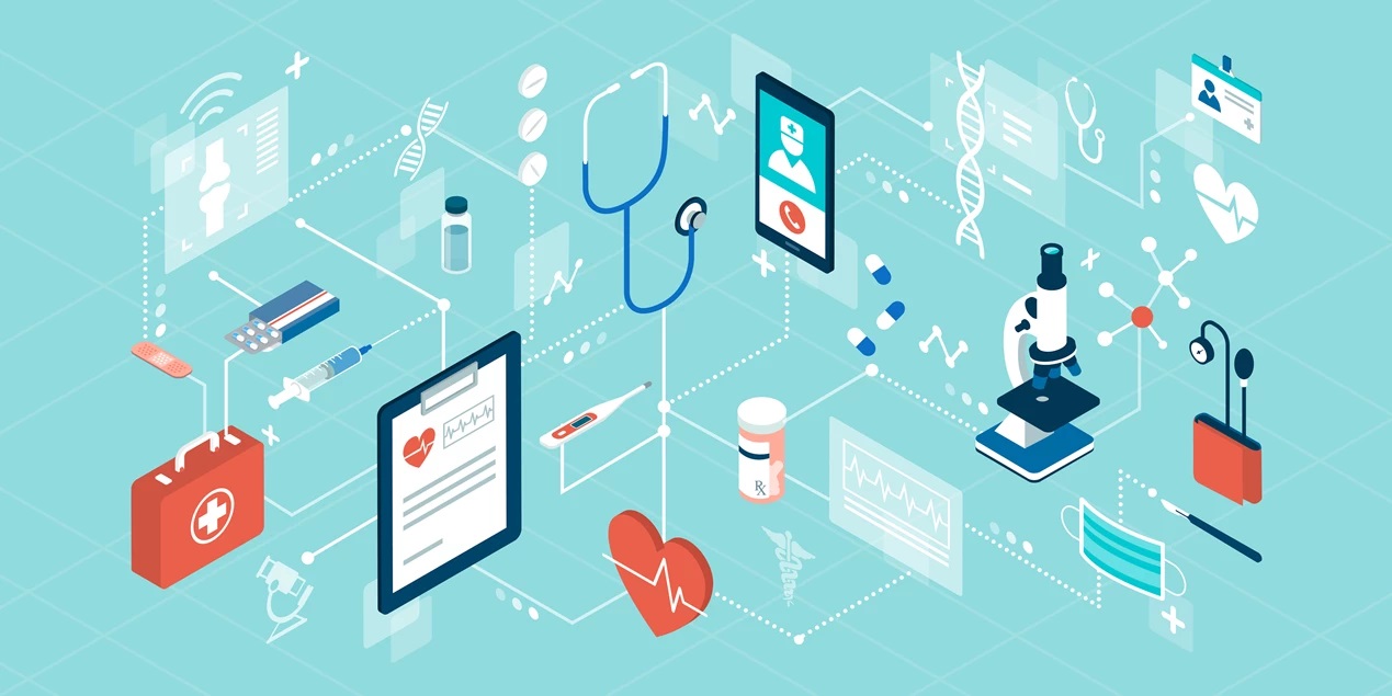what is telehealth explained visually with an illustration of screens in healthcare