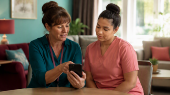 A care organisation manager showing a new care worker how to use care management software on her phone.