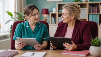 A care worker and her manager sitting together in the office of a care home, having a conversation. They are each holding mobile devices.