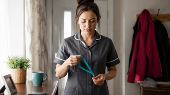 a care worker getting ready to go to work