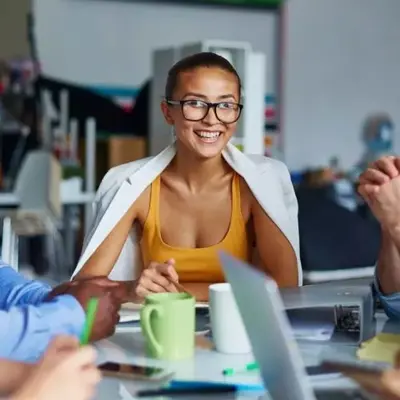 Person participating in a meeting, shown as a client sharing their experience using Access Legal software
