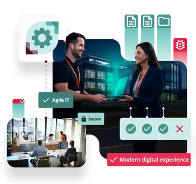 Illustration of managed IT services showing professionals using laptops, cloud technology, security icons, and connected devices