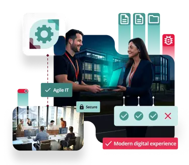 Illustration of managed IT services showing professionals using laptops, cloud technology, security icons, and connected devices