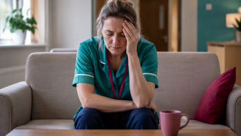 care worker sitting on a cough in a care home, touching her forehead and showing signs of stress and burnout