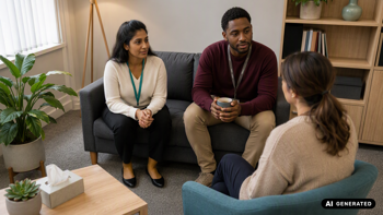 Independent mental health workers chatting to a client as part of a regular check-up. Generated by AI for patient privacy.