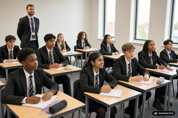 School students in a classroom.