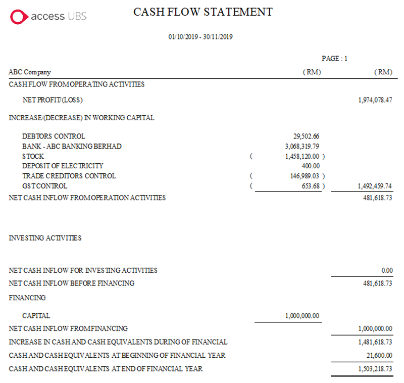 Example of cash flow statement