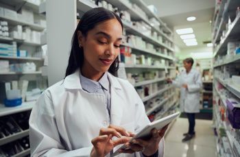 A woman in her uniform looking at her electronic tablet in a lab 
