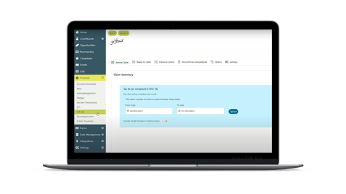 Donorfy Gift Aid screenshot on laptop