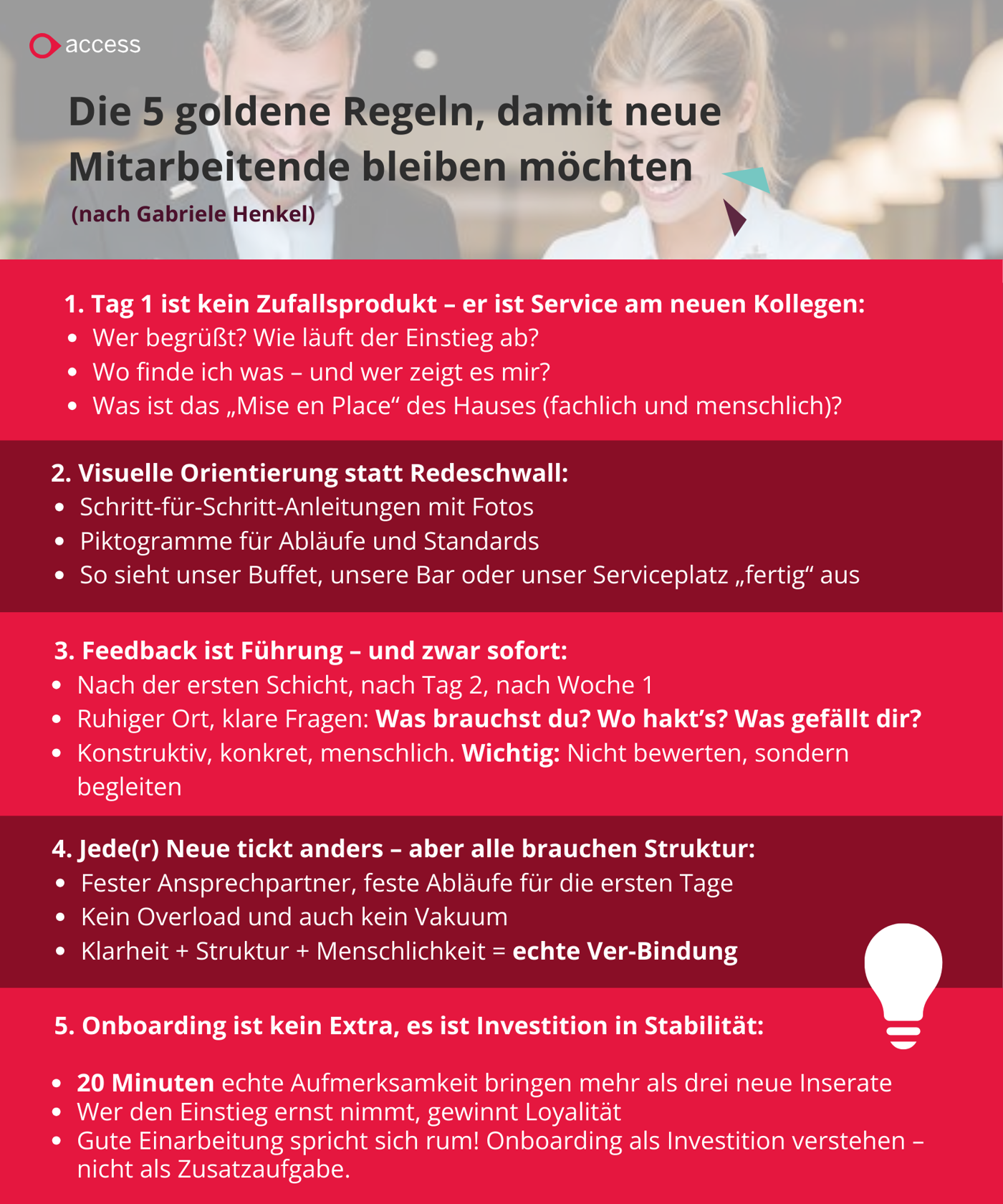 Enlarged Die 5 goldene Regeln, damit neue Mitarbeitende bleiben möchten (nach Gabriele Henkel)