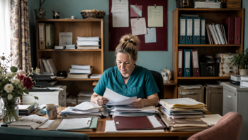care worker sitting at a desk in a care home, with care papers in her hand, surrounded by files and paper documents