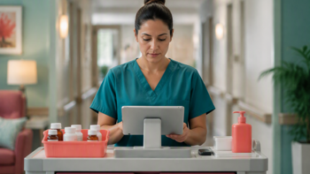 A care worker managing medication using a medication administration software on her tablet.